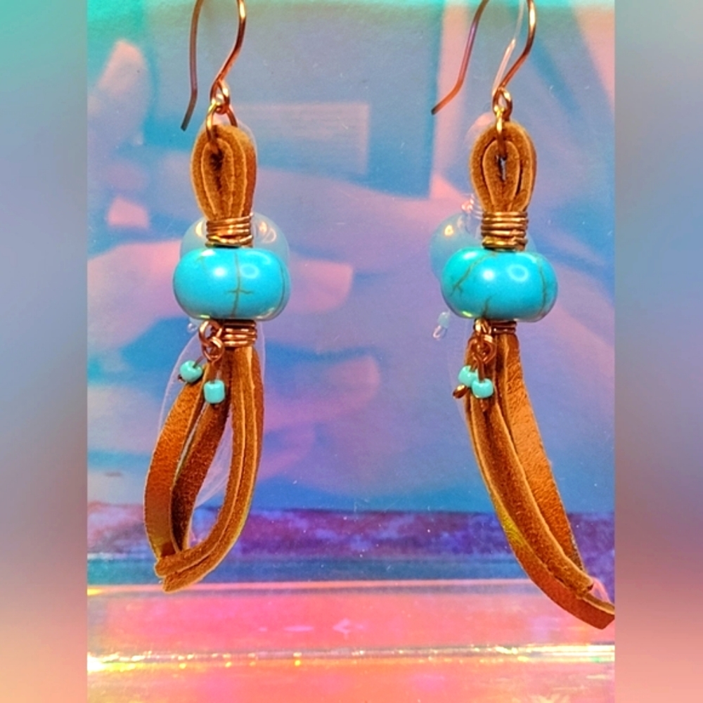 Copper wire wrapped beaded faux leather earrings blue and brown
